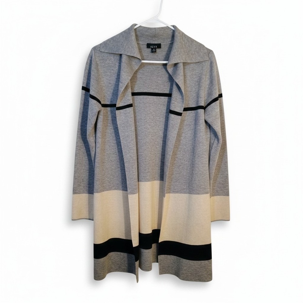 Alyx Womens Med Gray Black Tan Longline Open Front Cotton Blend Sweater Cardigan